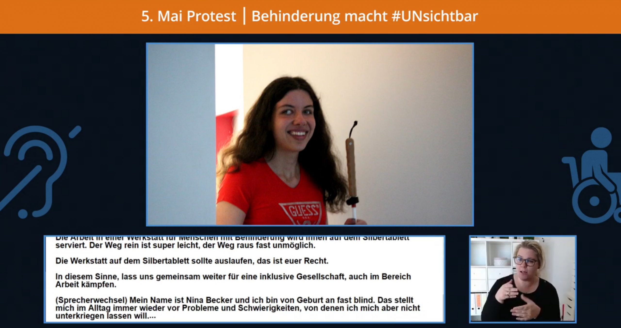 eine frau mit langstock ist zu sehen, darunter der text den sie spricht und rechts daneben in einem fenster eine gebärdensprachdolmetscherin