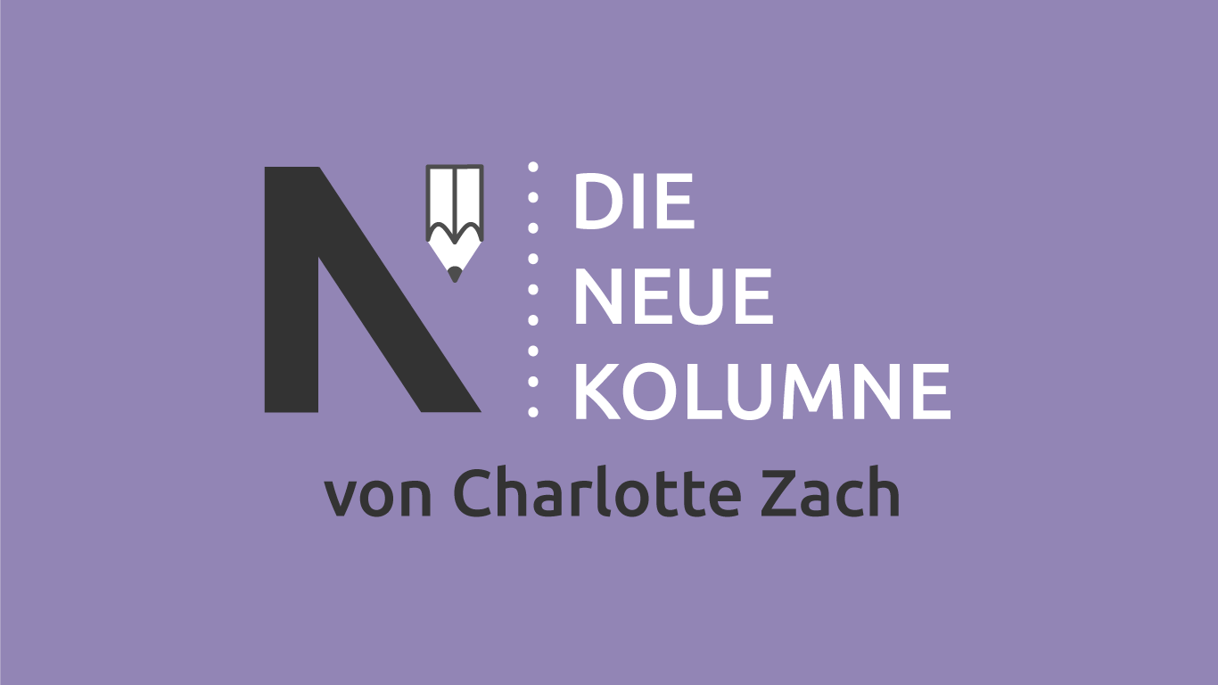 Das Logo von Die Neue Norm auf violettem Grund. Rechts steht: Die Neue Kolumne. Unten stegt: Von Charlotte Zach.