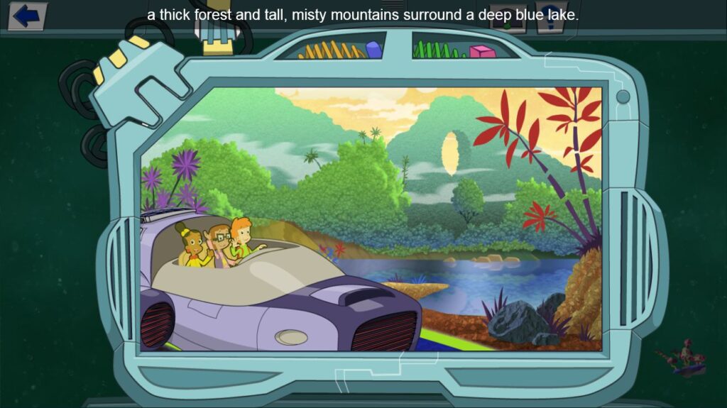 Comichafte Darstellung: Der personen sitzen in einem Gefährt in einem dichten Wald mit Bergen und einem See. Es gibt einen Untertitel der angezeigt wird.
