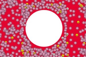 Um einen großen weißen Kreis versammeln sich vor rotem Hintergrund viele rosa dargestellte kleine Viren.