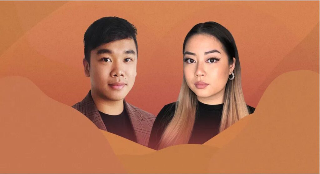 Eine Portraitaufnahme von Minh und Trang Nguyen wird von oranger Masse umrahmt. Sie sind Vietdeutsche, haben braune Augen und schwarze Haare, die bei Minh in blond übergehen.