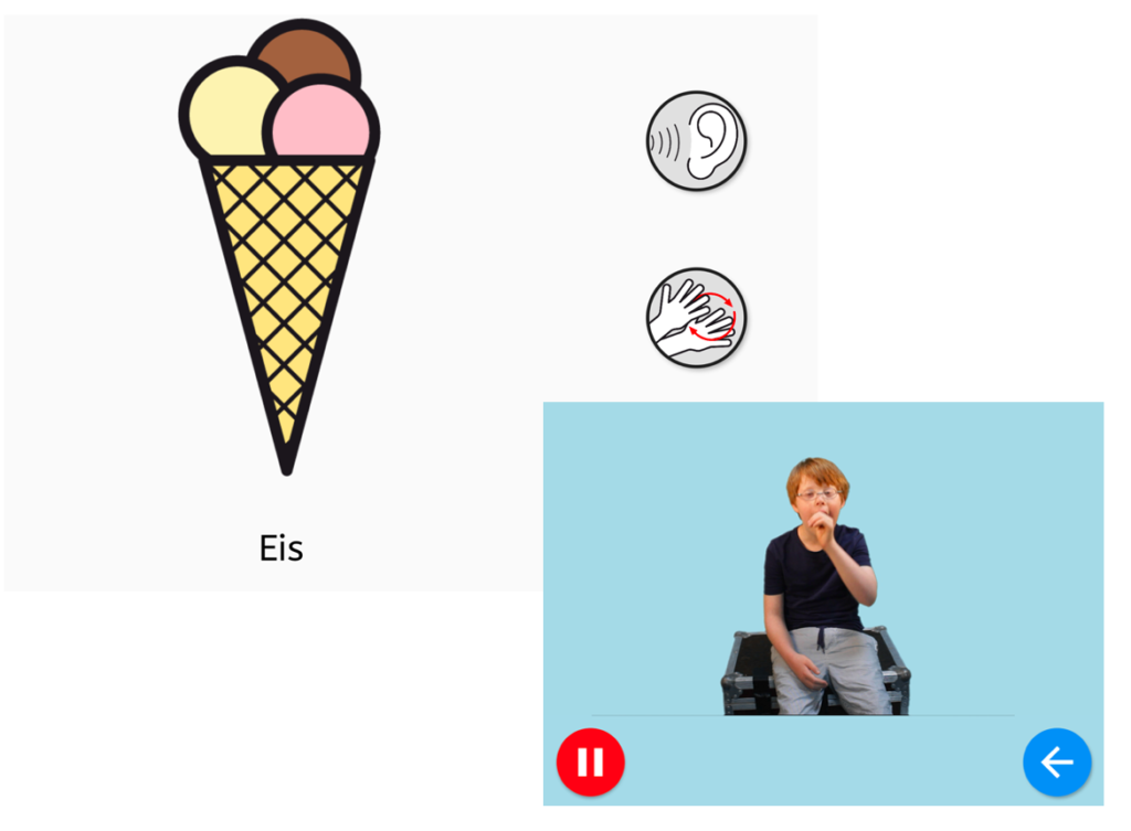 Screenshot aus der EiS-App: Das Symbol für Eis, das Wort, ein Kind das die Gebärde macht und zwei Schaltflächen.