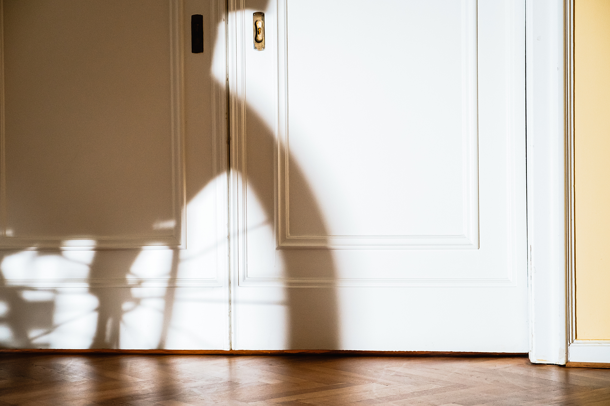 Der Schatten eines Rolstuhls ist in einem Zimmer an einer weißen Tür zu sehen.
