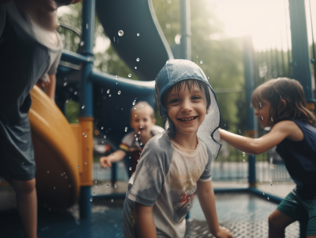 Foto von Kindern, die auf einem Spielplatz spielen. Ein Kind ist im Vordergrund und lächelt in die Kamera. Alle haben keine sichtbare Behinderung.