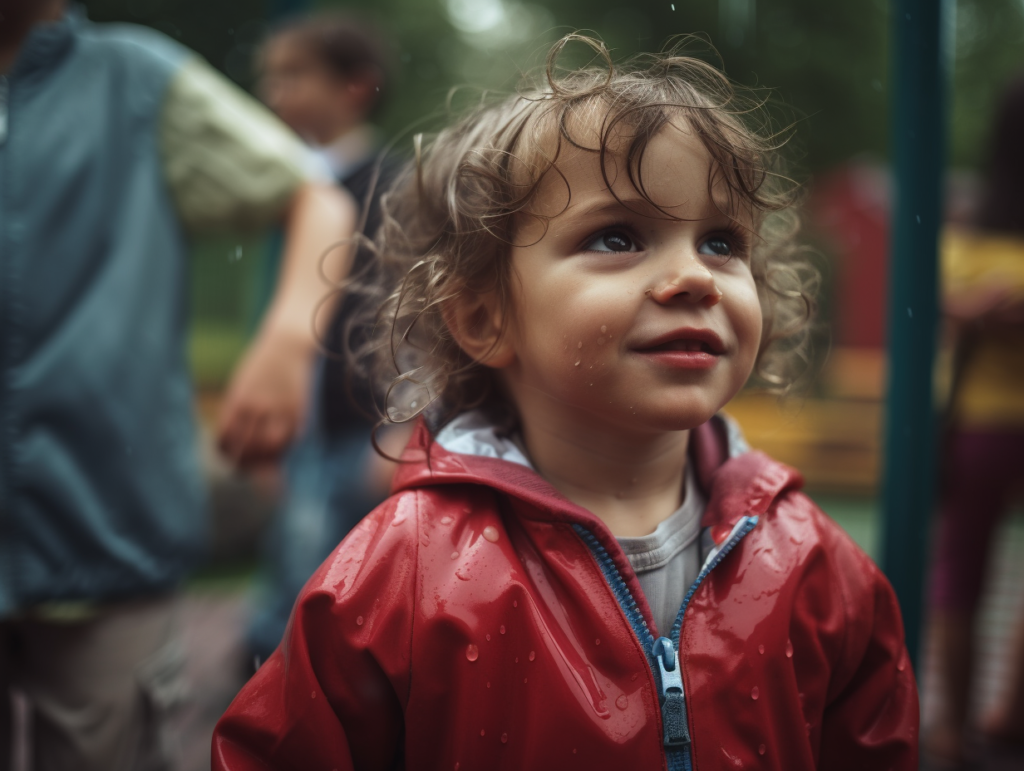 Portrait eines Kindes mit lockigen dunkelbraunen Haaren. Es trägt eine rote Jacke und hat keine sichtbare Behinderung.