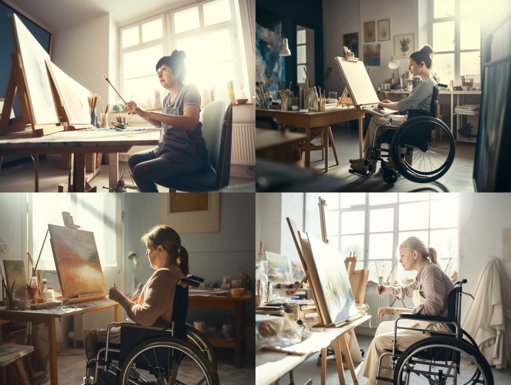 Eine Collage aus vier Bildern von Frauen, die in einem Rollstuhl sitzen und in einem Atelier an einer Leinwand etwas malen. Sie sind älter und korpulenter als auf der Collage ohne Behinderung.