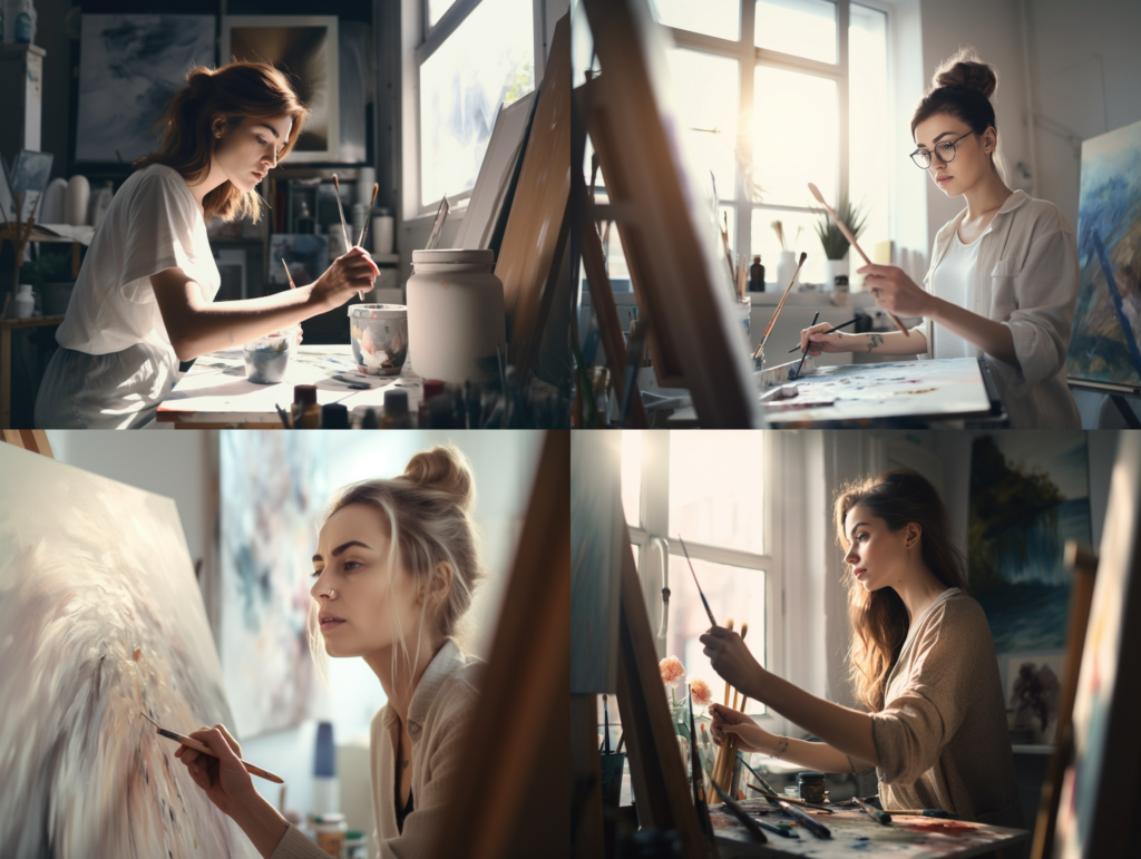 Eine Collage aus vier Bildern. Zu sehen ist jeweils eine Frau, die in einem Atelier an einer Leinwand etwas malt.