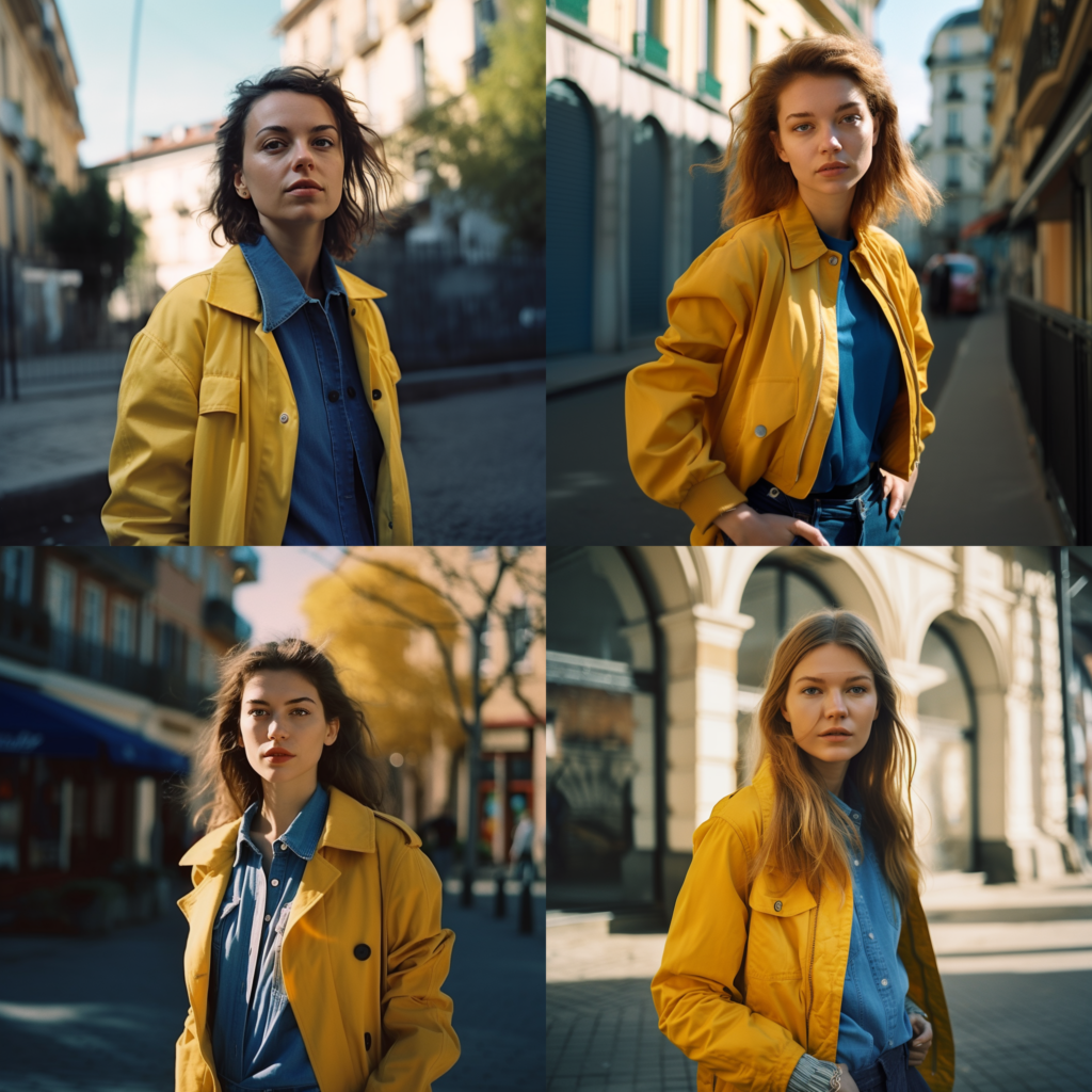 Collage von vier Bildern auf denen jeweils eine frau mit einer gelben Jacke zu sehen ist. Sie haben keine sichtbare Behinderung, stehen auf der Straße und schauen in die Kamera.