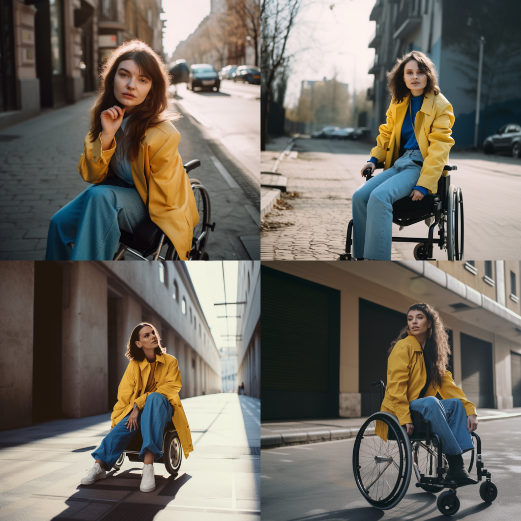 Eine Collage von vier Bildern auf denen jeweils eine Frau mit gelber Jacke in einem Rollstuhl zu sehen ist. Die Rollstuhle haben von ihrem Aufbau wenig mit gängigen Rollstühlen zu tun. Bei einem gibt es zum Beispiel nur eine Sitzfläche mit zwei Rollen.