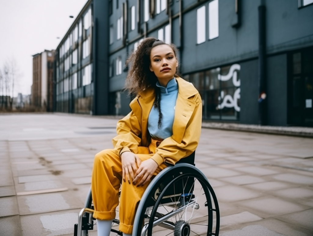 Eine Frau mit gelber Jacke und Hose sitzt im Rollstuhl auf der Straße.