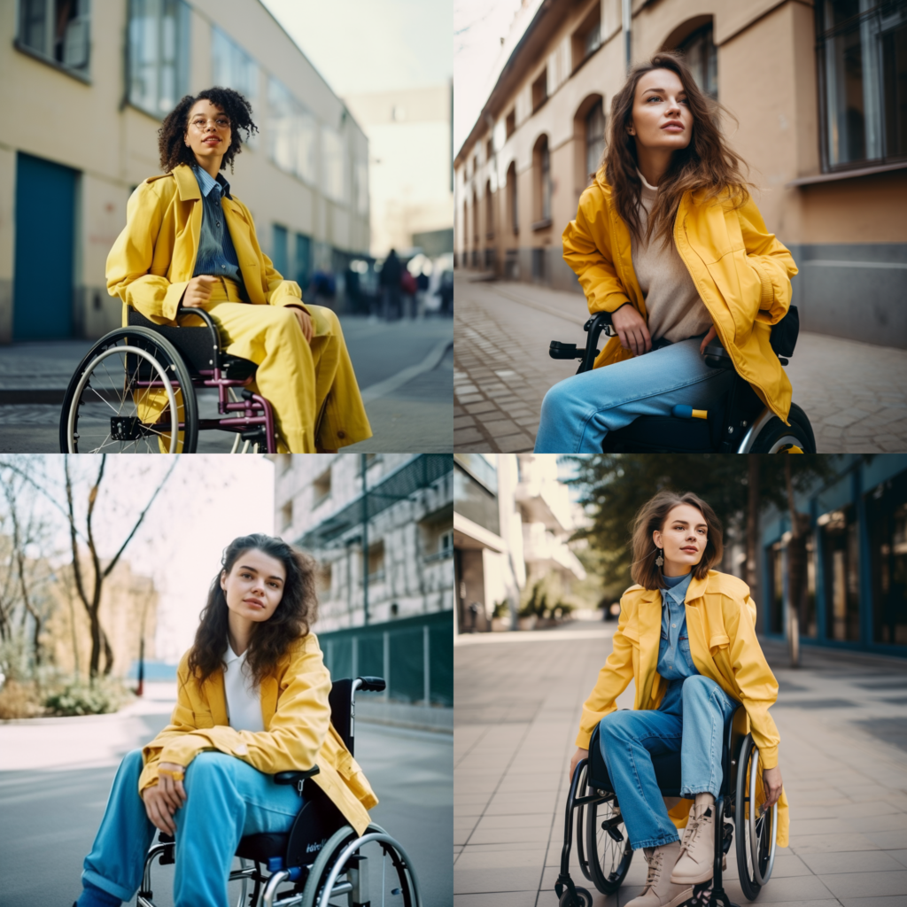 Collage aus vier Bildern. Zu sehen ist jeweils eine Frau, die in einem Krankenhaus-ähnlichen Rollstuhl auf der Straße sitzt. Sie tragen alle eine gelbe Jacke und schauen in die Ferne.