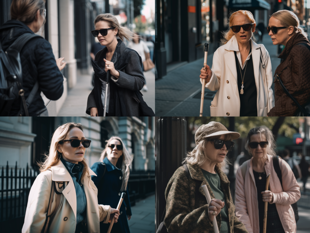 Eine Collage von vier Bildern. Auf ihnen sind jeweils Personen zu sehen, die eine Sonnenbrille tragen und eine art Bambusstock in der Hand halten.