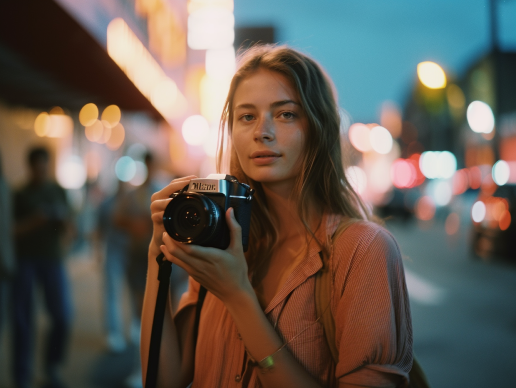 Eine Frau mit Schulterlangen Haaren steht auf der Straße. Sie hält einen Fotoapparat in der Hand. Die Lichter in der Umgebung sind in der Unschärfe.