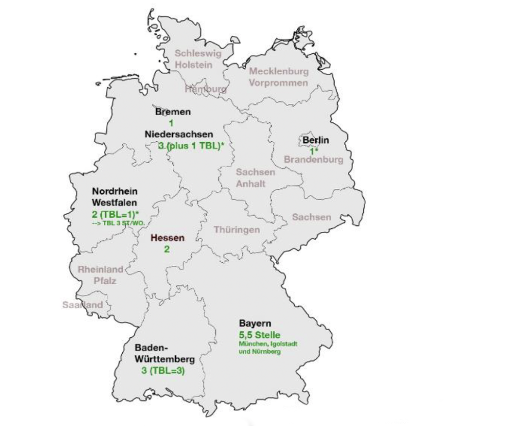 Deutschlandkarte mit eingetragenen Orten für Beratungsstellen 2023. Es sind deutlich weniger.