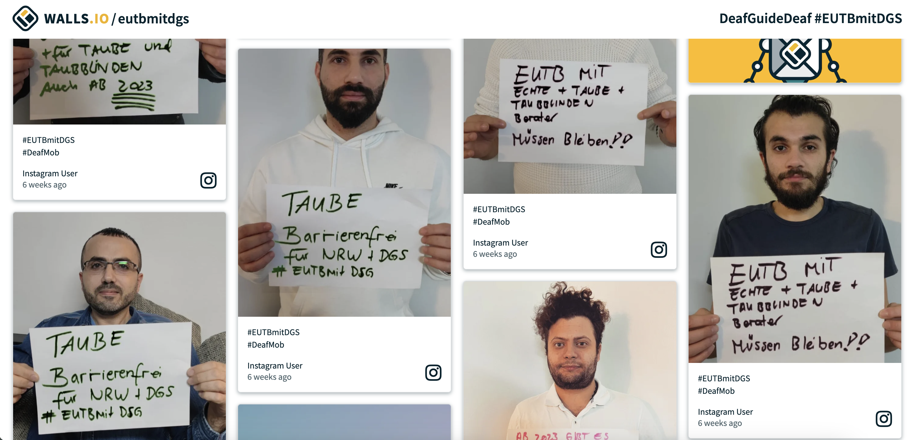 Eine Collage von mehreren Personen, die auf ihren Social Media Kanälen ein Schild mit der Aufschrift "Taube barrierefrei für NRW und DGS" hochhalten.