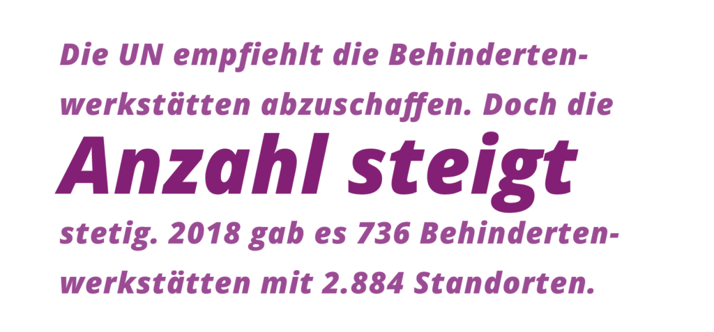 Grafischer Text: Die UN empfiehlt die Behindertenwerkstätten abzuschaffen. Doch die Anzahl steigt stetig. 2018 gab es 736 Behindertenwerkstätten mit 2.884 Standorten.