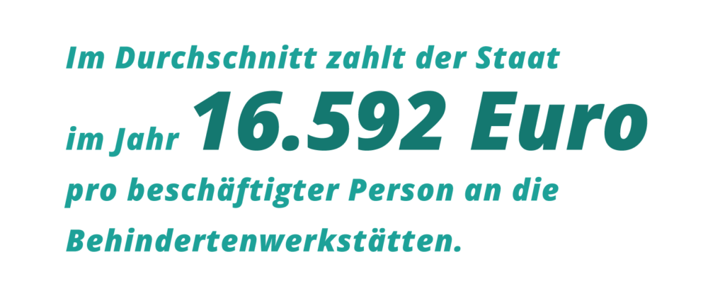 Grafischer Text: Im Durchschnitt zahlt der Staat im Jahr 16.592 Euro pro beschäftigter Person an die Behindertenwerkstätten.