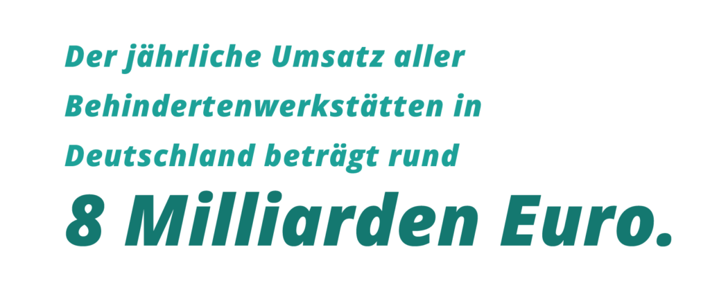 Grafischer Text: Der jährliche Umsatz aller Behindertenwerkstätten in Deutschland beträgt rund 8 Milliarden Euro.