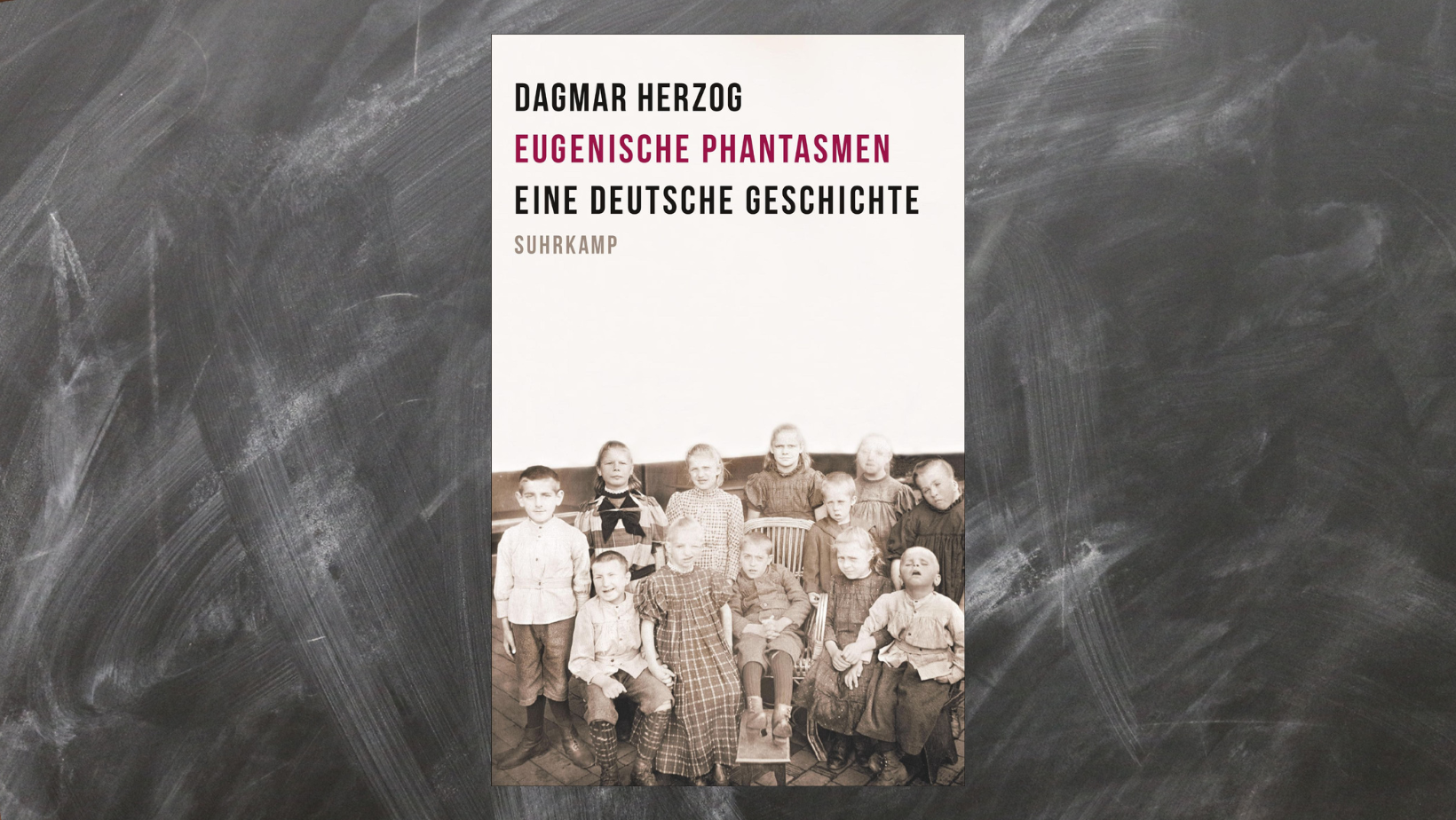 Das Buchcover „Eugenische Phantasmen – Eine deutsche Geschichte“ von Dagmar Herzog ist vor einer dunkelgrauen Tafel zu sehen, auf dem etwas Kreide verwischt ist.