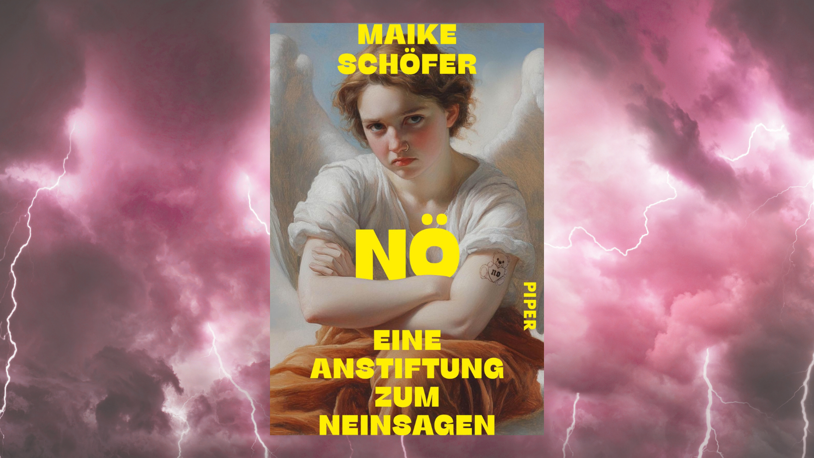 Gewitterwolken im Hintergrund, davor das Buchcover von Maike Schöfer „Nö. Eine Anstiftung zum Neinsagen“. Gelbe Schrift vor einem Engel mit verschränkten Armen.