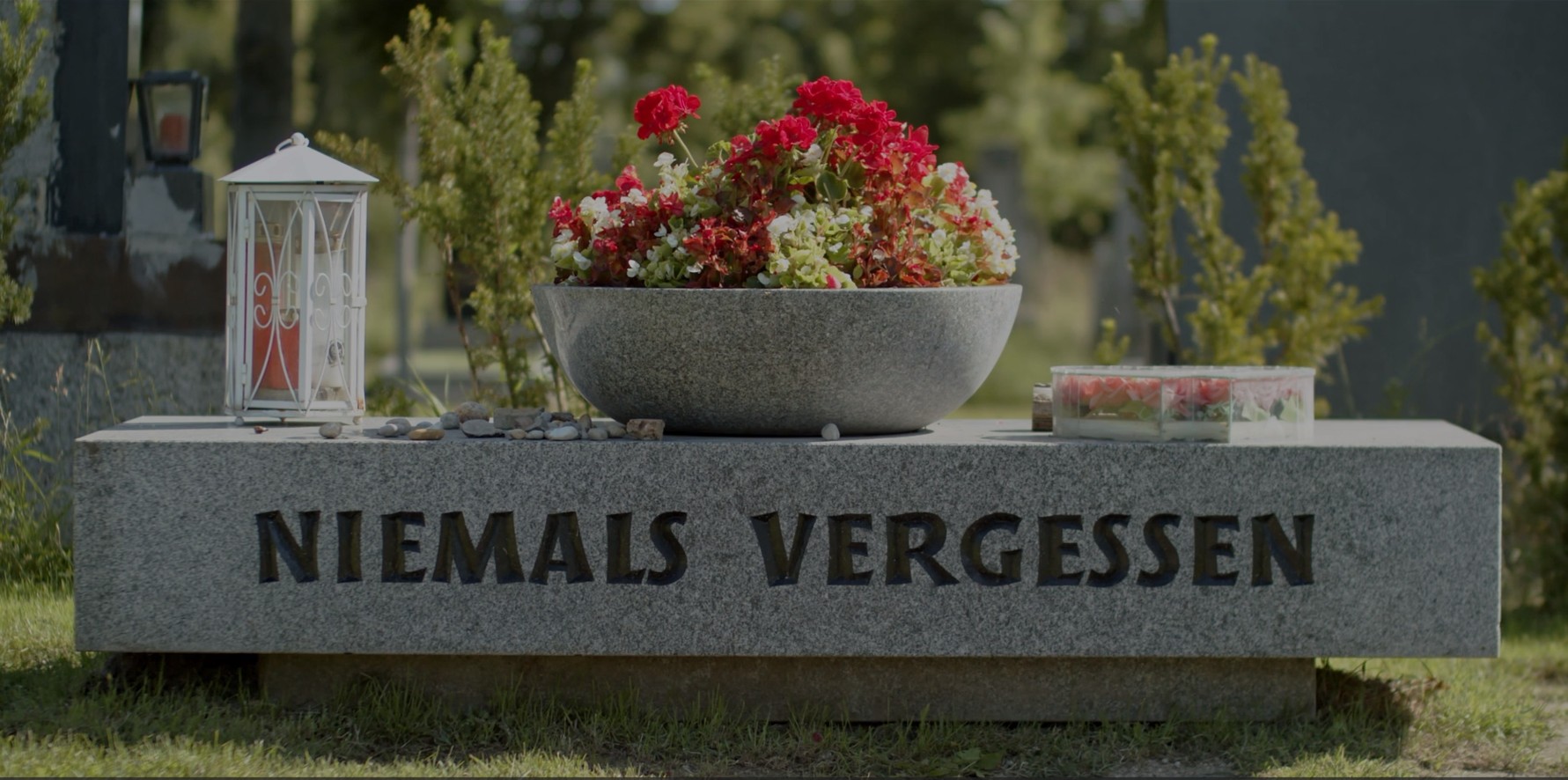 Auf einem großen, grauen Grabstein steht „Niemals vergessen“, darauf steht ein Grablicht und eine Steinschale mit roten und weißen Blumen.