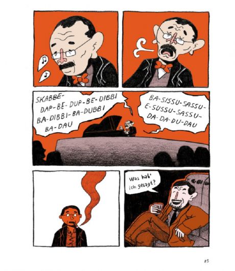 Comic-Strip mit 5 Zeichnungen. Ein Mann mit Brille und Wrack spielt Klavier und stößt Luft aus. Dann singt er „Skate-dap-be-dup-be-dibbi-ba“. Eine rauchende Person schaut zu. Ein anderer Mann sitzt auf dem Sofa und sagt „Was hab' ich gesagt?“.