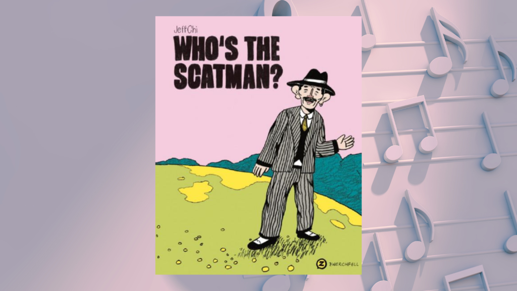 Buch-Cover „Who's the Scatman“ von Jeff Chi mit einem Mann im Anzug und mit Hut auf einer angedeuteten Weltkugel, einem Busch und pinken Himmel im Hintergrund. Grafischer Hintergrund: Noten-Elemente in der rechten Bildhälfte.