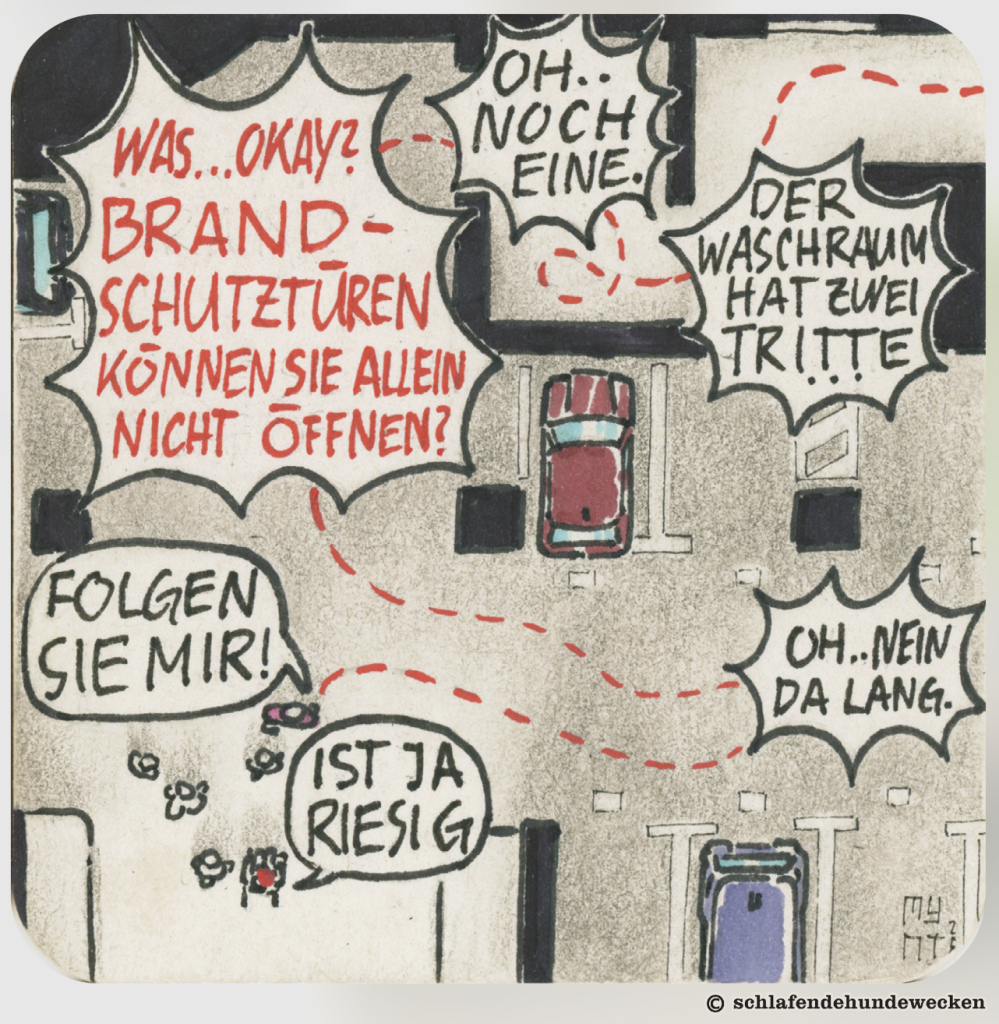 Ansicht von oben auf die Tiefgarage: Die rote Markierung des Weges zur Wohnung schlängelt sich an Autos und mehreren Brandschutztüren vorbei. Diese sind für Personen im Rollstuhl nicht zugänglich. Auch zur Waschküche gibt es zwei Treppenstufen. Einmal verirrt sich der Makler und der verlauf der rote gestrichelte Markierungslinie wendet.