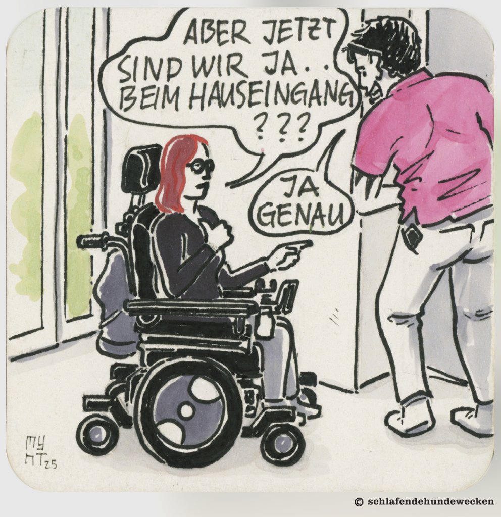 Im Eingangsbereich: Jasmin merkt überrascht an, dass sie ja jetzt beim Hauseingang sind. Der Makler bestätigt dies beiläufig während er die Türe zur Wohnung öffnet.