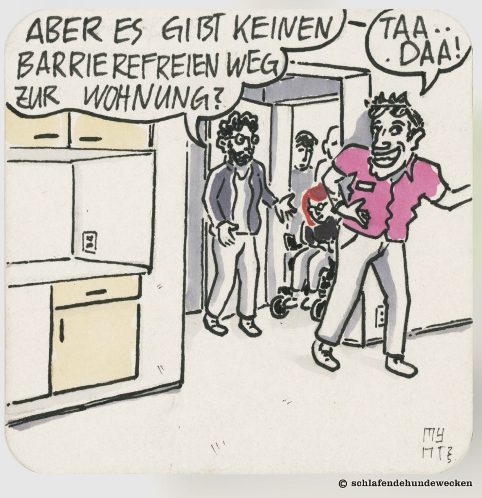 Der Makler führt die Interessierten in die Wohnung. Valentin fragt, ob es keinen barrierefreien Weg zur Wohnung gibt.
