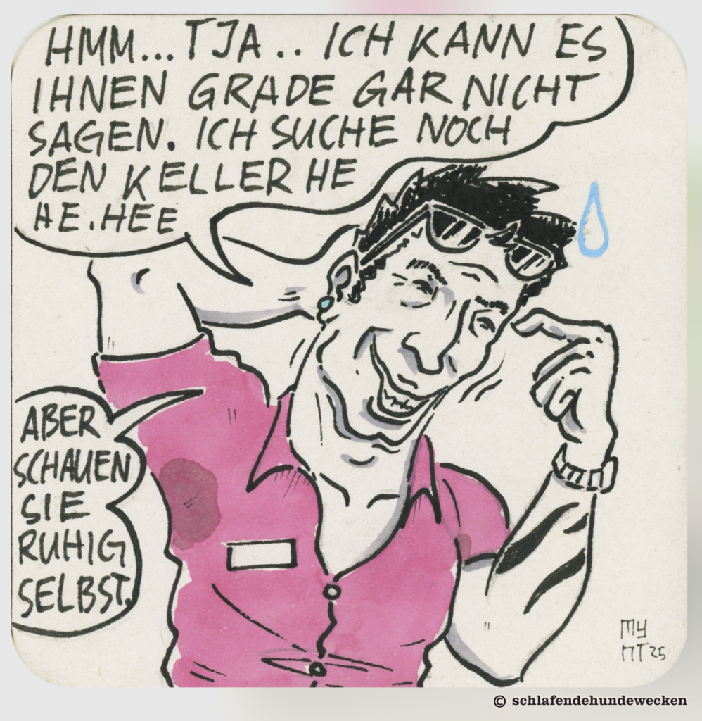 Nahansicht des Maklers. Er sagt verlegen: «Hmm, tja, ich kann es ihnen gerade nicht sagen. Ich suche noch den Keller. Aber schauen Sie ruhig selbst.» Mann kann die Schweissflecke auf seinem zu kleinen Hemd sehen.