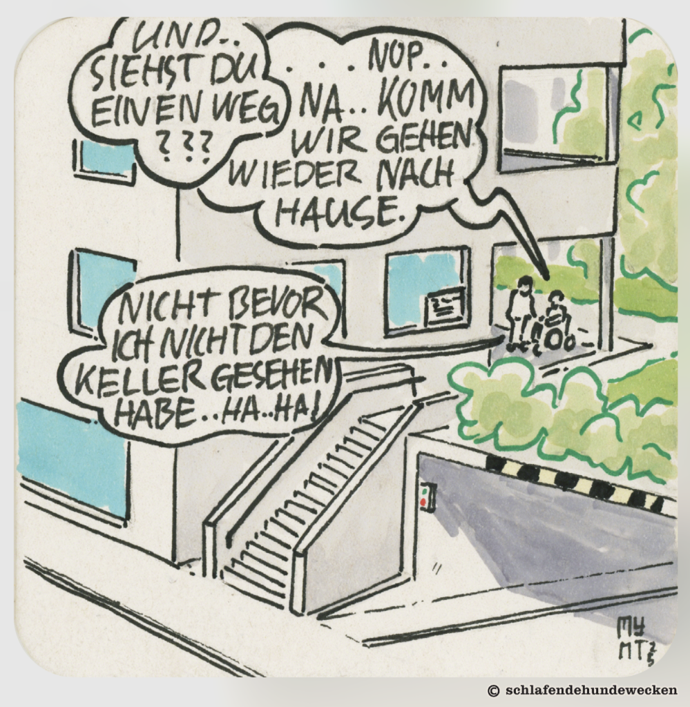 Ansicht des Wohnhauses von aussen. Valentin und Jasmin stehen auf dem Sitzplatz vor der Wohnung und sprechen miteinander. Sie sehen, dass es keinen barrierefreien Weg zur Wohnung gibt. Sie beschliessen, nach Hause zu gehen. Jasmin sagt ironisch, dass sie erst nach Hause gehen, wenn sie den Keller gesehen haben.