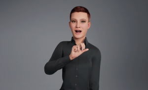 KI generierte Person mit kurzen, braunen Haaren, dunkelgrauem Shirt gebärdet, der Hintergrund ist hellgrau.