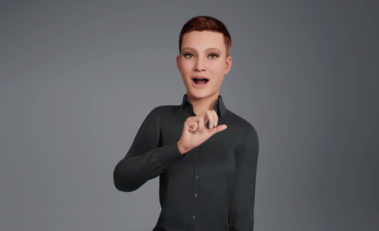 KI generierte Person mit kurzen, braunen Haaren, dunkelgrauem Shirt gebärdet, der Hintergrund ist hellgrau.